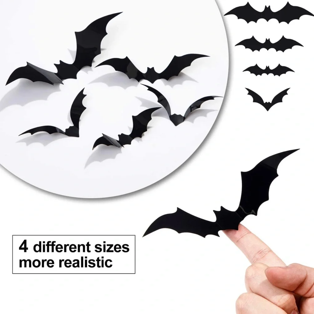 Halloween 3D Bats Decorations, 128 PCS 4 Mixed Sizes and pattern Wall Wi…